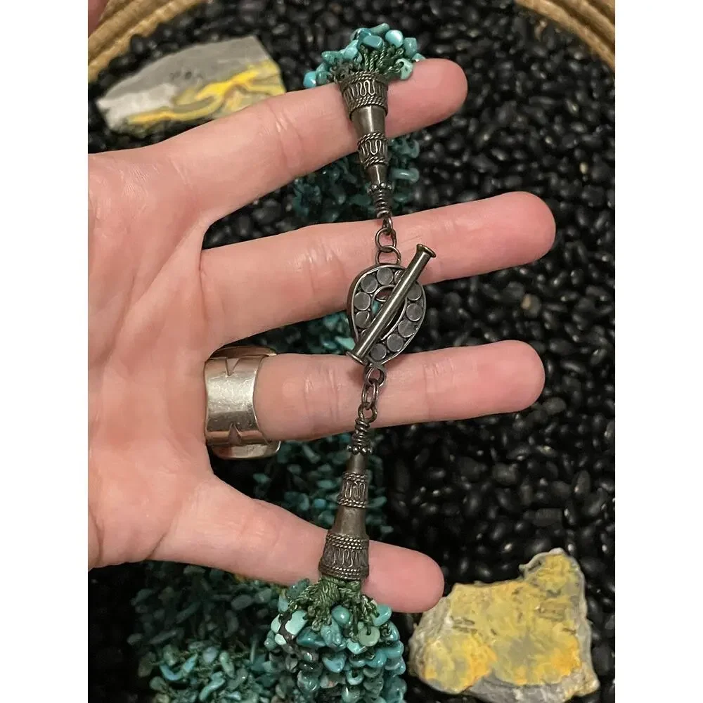 Sterling Silver Layered Multi strand Turquoise Chips Necklace Large Cones Toggle